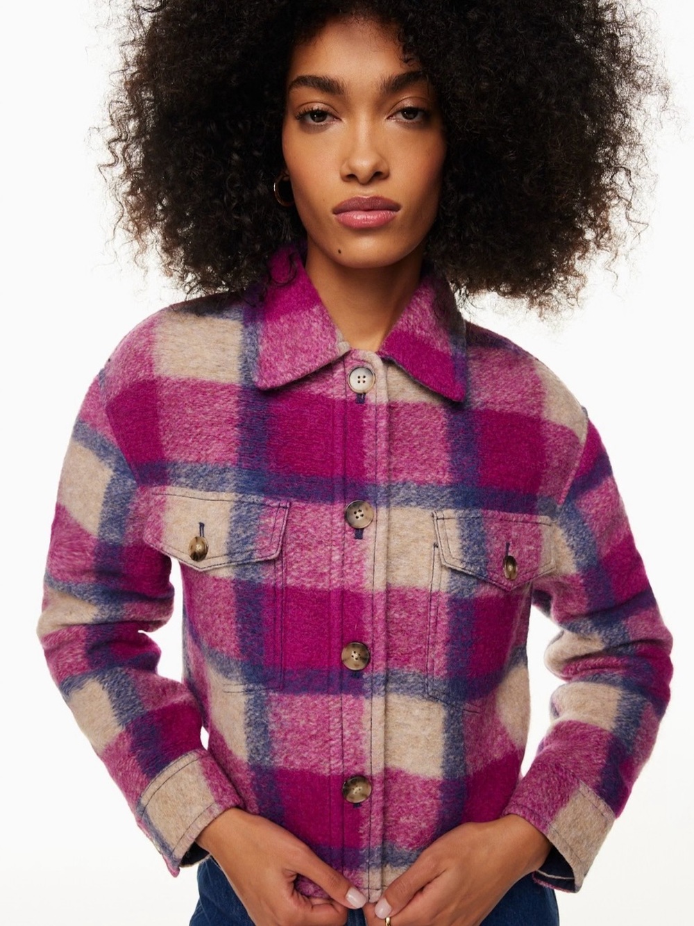 Wilfred Free The Ganna Cropped Shirt Jacket Merino Wool Shacket Medium Plaid